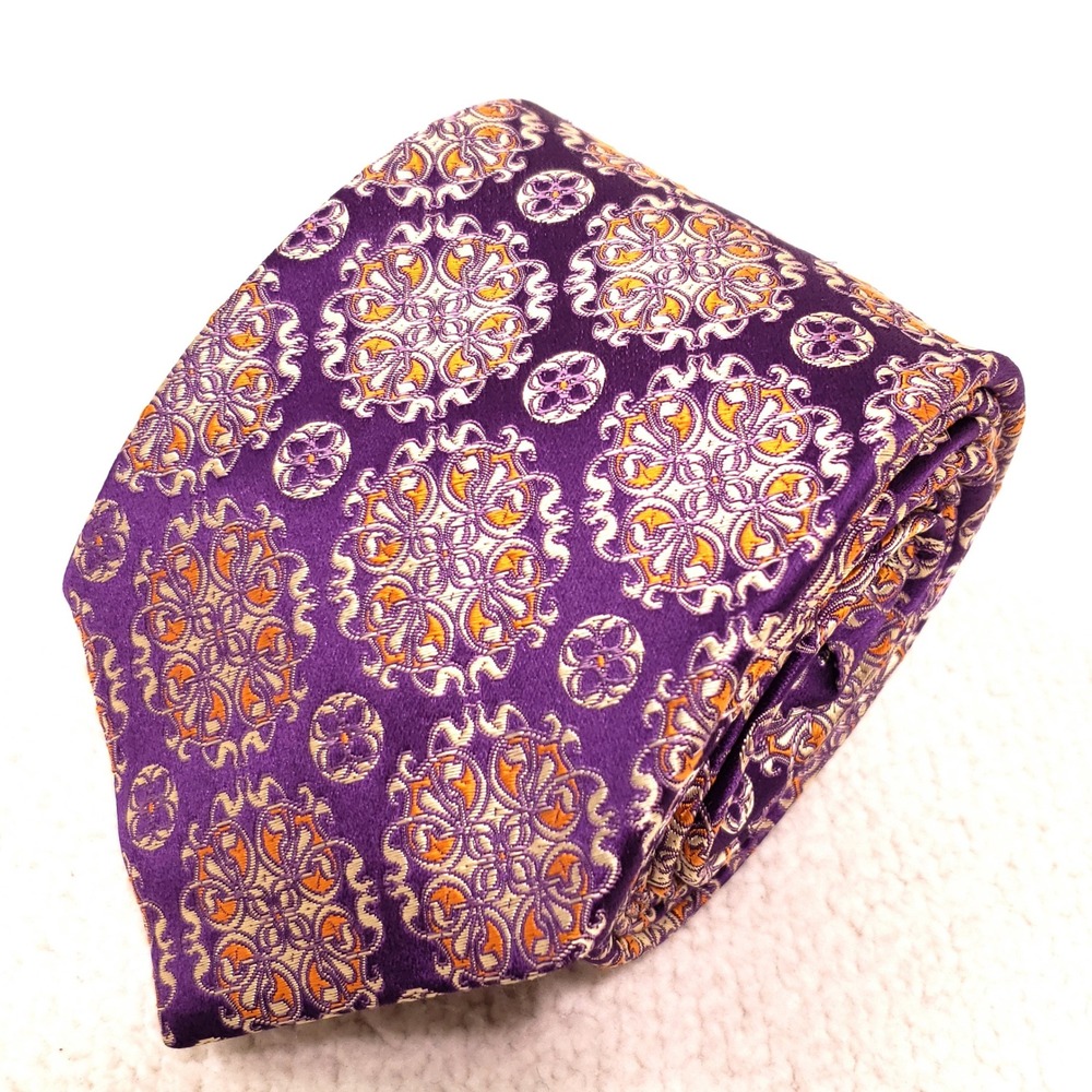 Faberge Necktie Purple Gold Medallion Silk Handmade Classic Ornate Tie 3.5" Wide